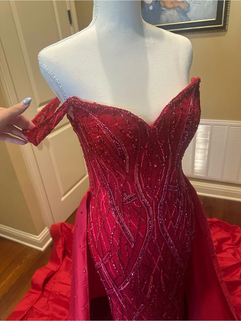 Off-Shoulder Beaded Red Evening Gown